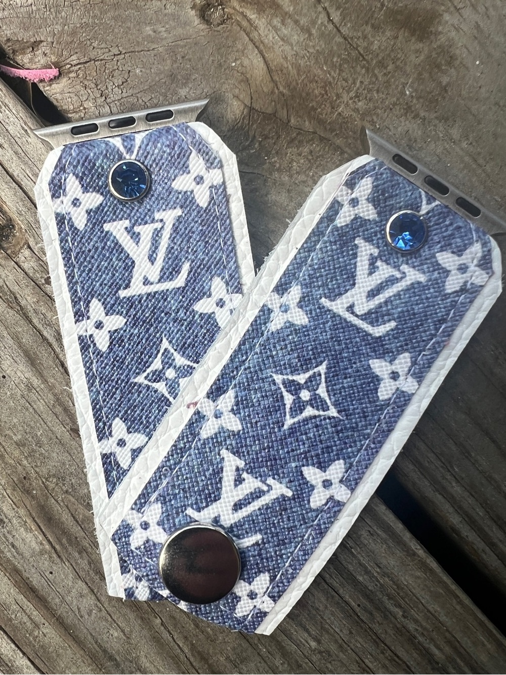 Monogram denim and White leather Apple Watch band